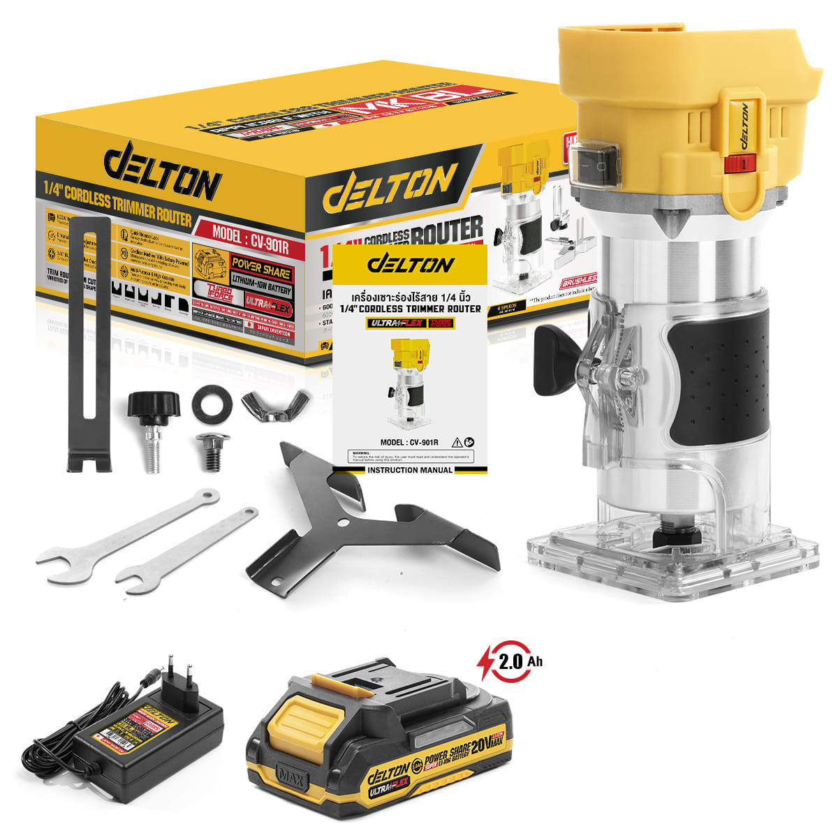 ทริมเมอร์ไร้สาย (พร้อมแบตเตอรี่) DELTON รุ่น CV-901R ULTRAFLEX 20V 2AH_1